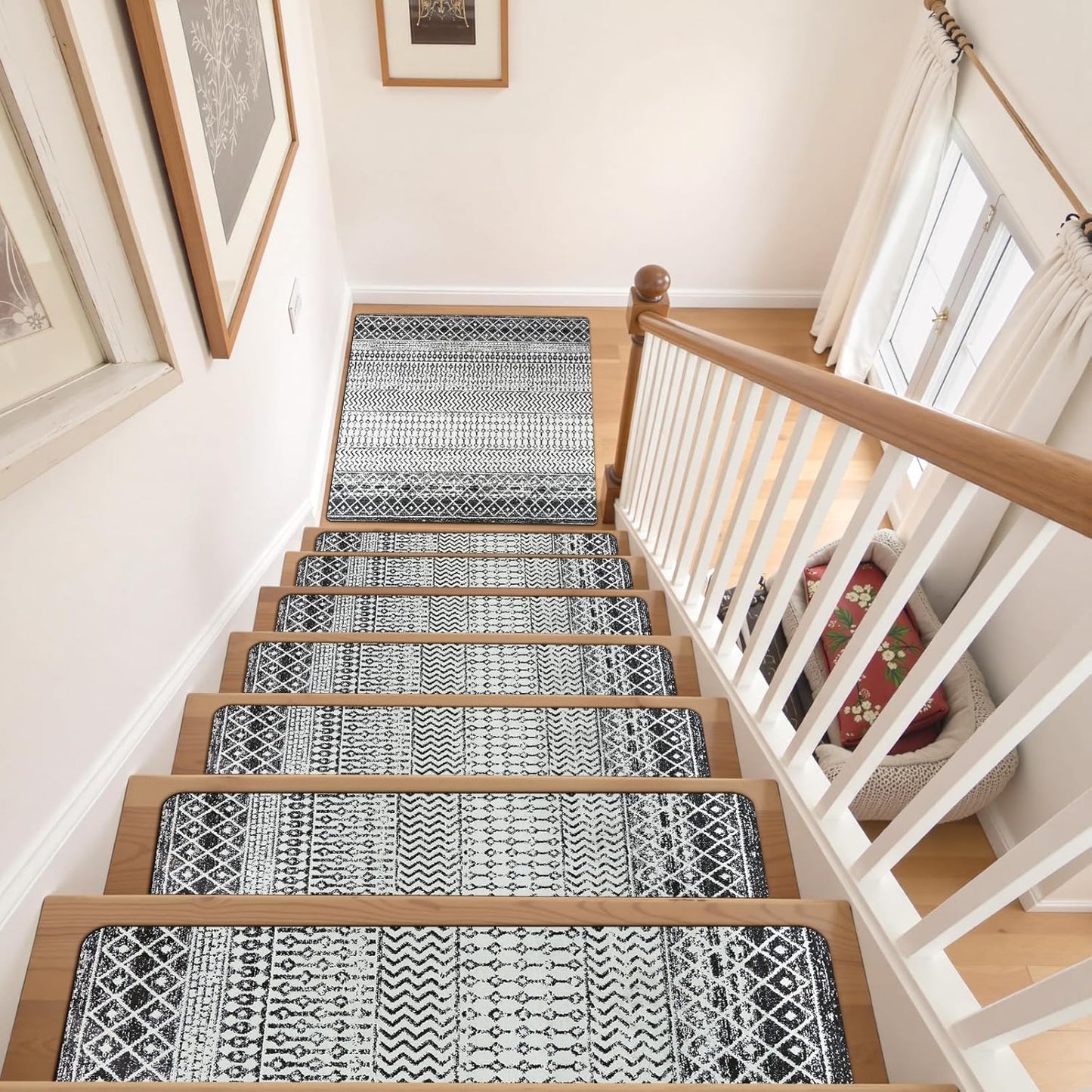 OJIA Boho Stair Treads Non-Slip Stair Runners for Wooden Steps Indoor 15PCS 30"x8" Washable Carpet Stair Treads Stair Mats Staircase Step Treads for Kids, Elders and Dogs, Stair Covers, Black