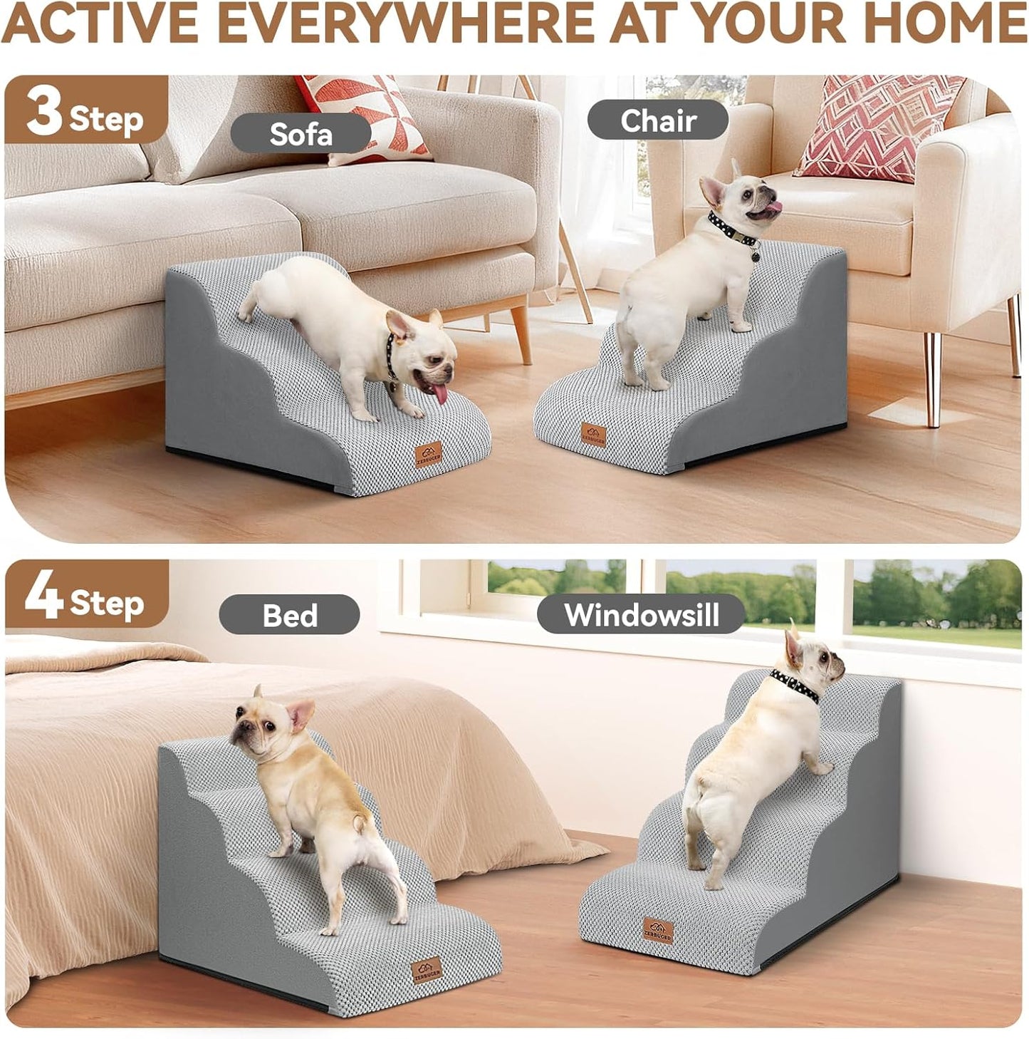 Zerbuger Dog Ramp and Stair for Bed 16" H-20 H,3-Step Cat Stair for Sofa and Chair,4-Step Dog Ramp for High Bed and Window,Durable Nonslip Fabric Cover for Indoor (Coffee-16 H, Pet Friendly, 3)