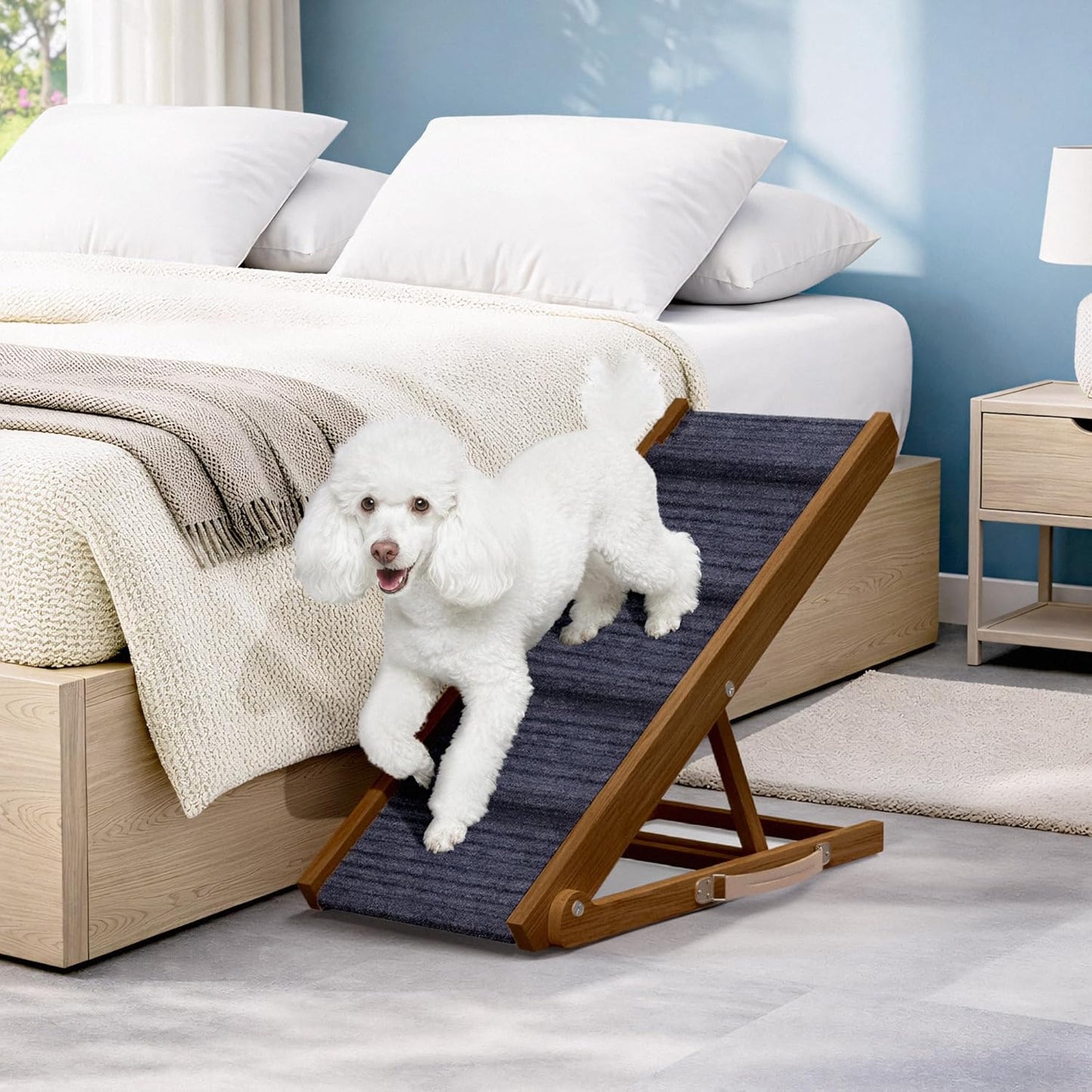 Adjustable Dog Ramp for Bed - 34" Long Foldable Wooden Ramp for Dogs to Get on Bed, Couch, or Car with 12.6" Wide Walking Space (Natural Wood with Gray Carpet)