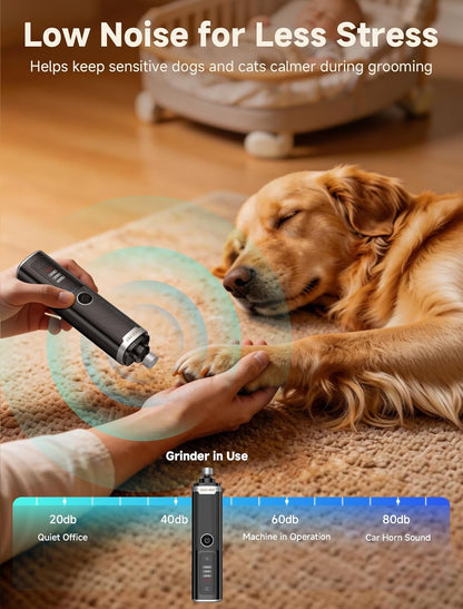 Dog Nail Grinder, Quiet Electric Dog Nail Trimmer with 2 LED Lights, 3-Speed Pet Nail Grinder for Dogs & Cats, Rechargeable 2000mAh Nail Grinder for Small Medium Large Dogs with Light, White