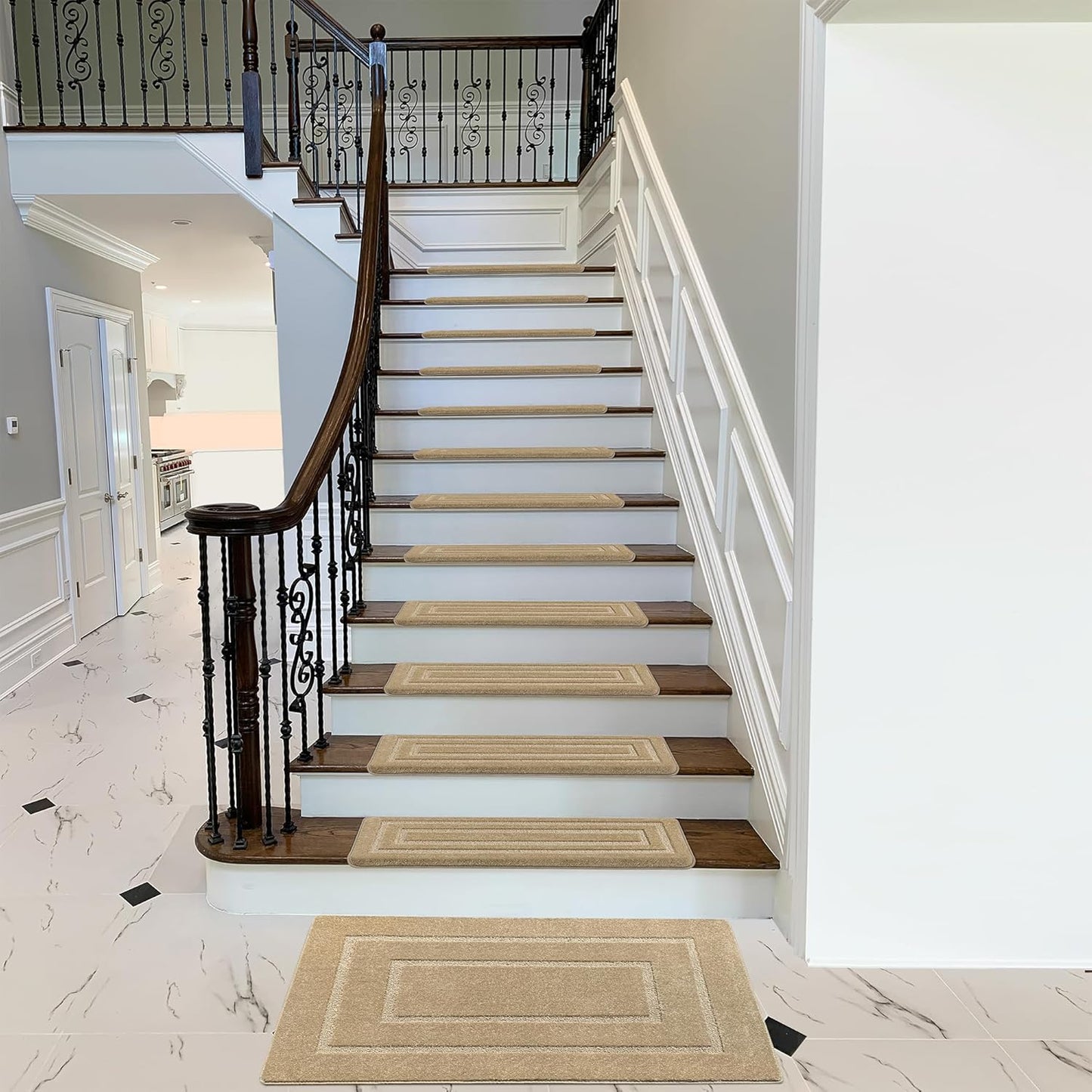 PURE ERA Bullnose Carpet Stair Treads Set Tape Free Non-Slip Indoor Stair Protectors Pet Friendly Rugs Covers Soft Skid Resistant Washable Reusable 9.5" x 30"(14 Pieces,Cream Gray)