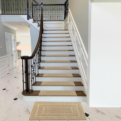 PURE ERA Bullnose Carpet Stair Treads Set Tape Free Non-Slip Indoor Stair Protectors Pet Friendly Rugs Covers Soft Skid Resistant Washable Reusable 9.5" x 30"(14 Pieces,Cream Gray)