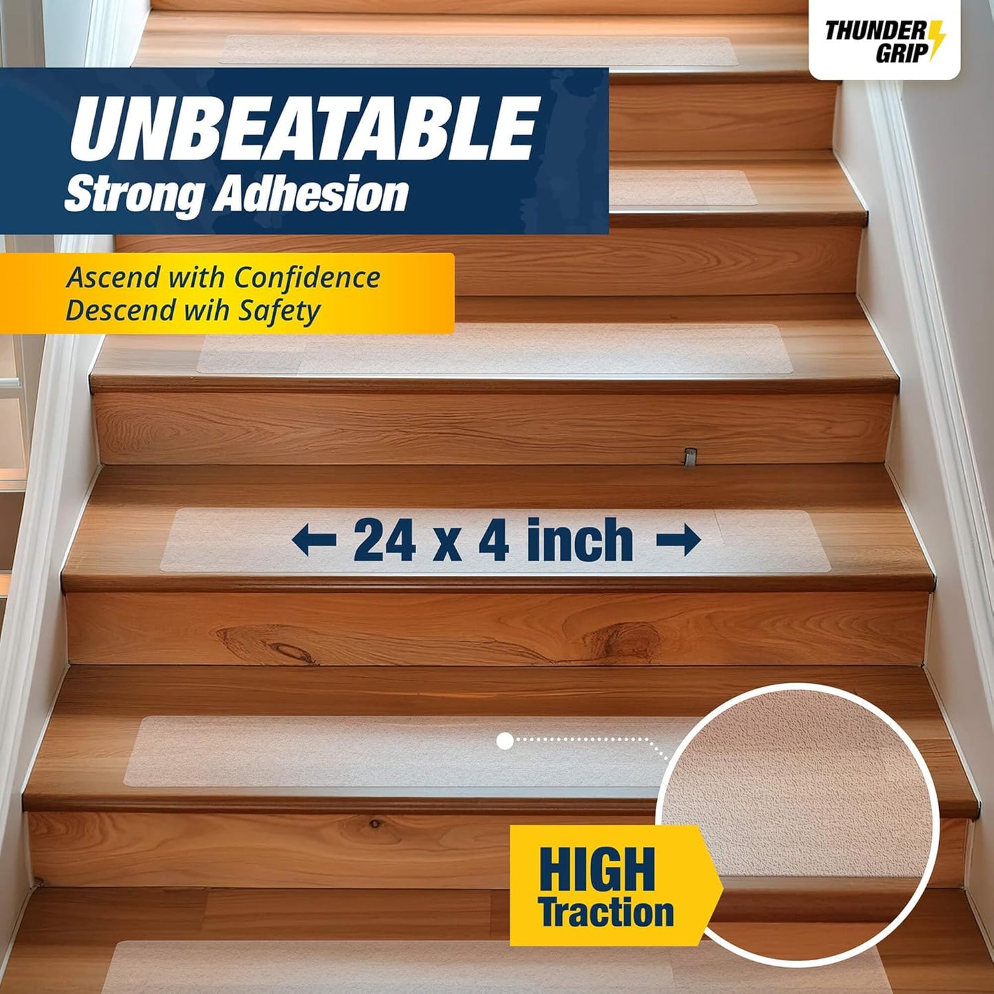 Clear Stair Treads Non-Slip 24"x4" - 18-Pack Indoor Stair Grips Non Slip for Wooden Steps - Anti Slip Adhesive Strips for Dogs & Elderly - Staircase Step Treads - Transparent Treads for Wood Stairs
