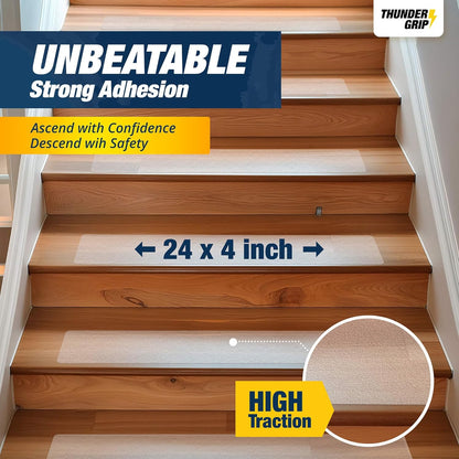 Clear Stair Treads Non-Slip 24"x4" - 18-Pack Indoor Stair Grips Non Slip for Wooden Steps - Anti Slip Adhesive Strips for Dogs & Elderly - Staircase Step Treads - Transparent Treads for Wood Stairs