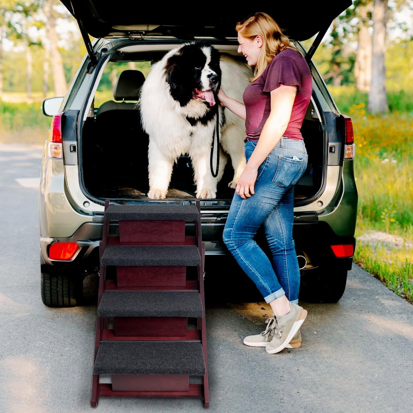 BRIKY Wooden Dog Stairs/Steps 19.5”H - Foldable 3 Steps Dog Steps for High Bed Couch Cars, Non-Slip Pet Stairs for Small Large Medium Dogs and Cats, No Assembly Required