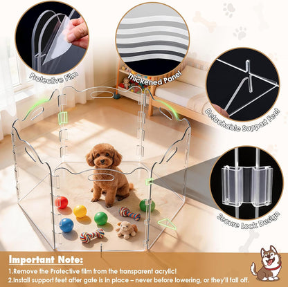 Extra-Wide Clear Acrylic Freestanding Dog Gate with Upgraded Hinges & Stable Support Feet, 6 Panel - 120''W x 24''H for Doorways, Stairs and Open Spaces, Foldable Pet Barrier for Small Puppy Cats