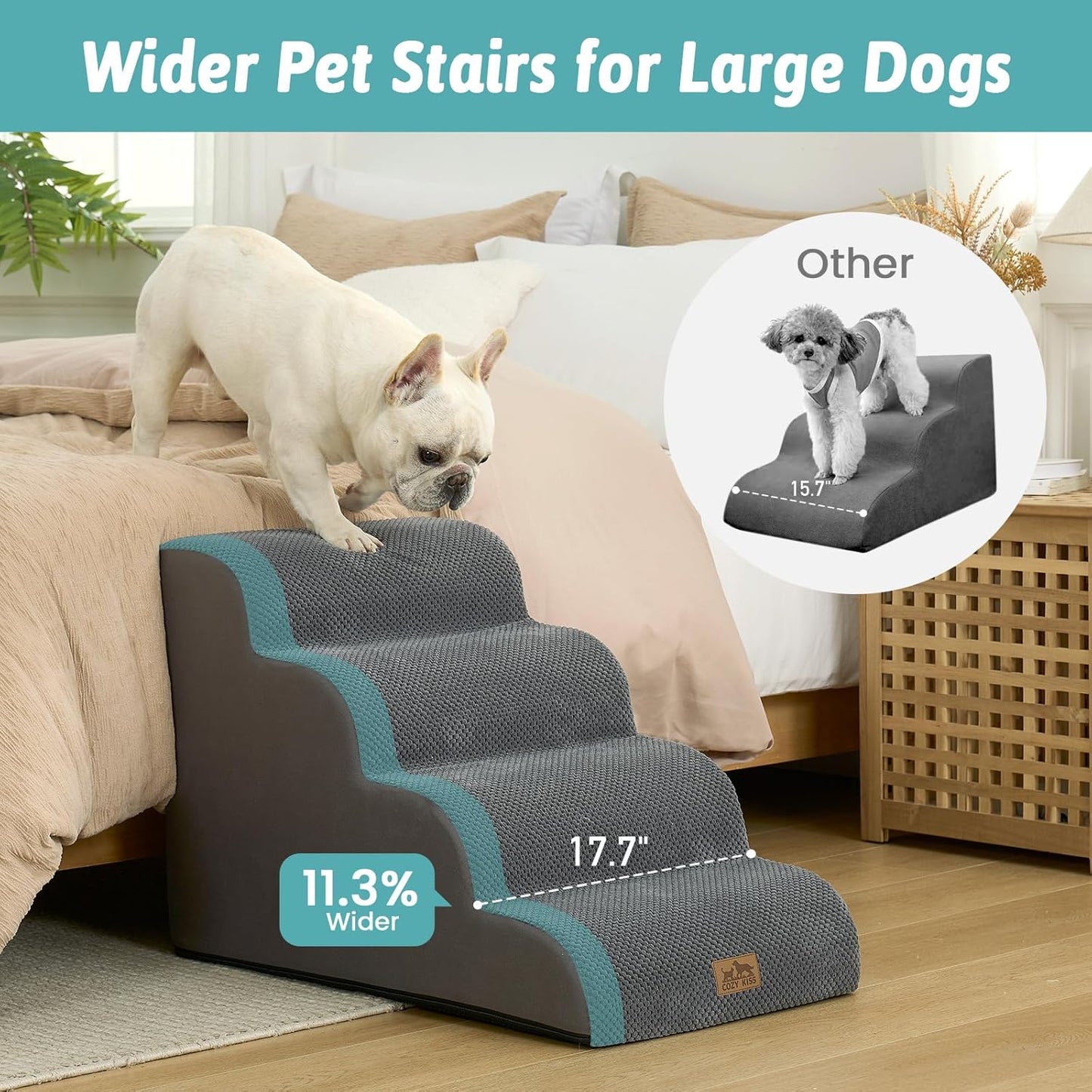 COZY KISS Extra Wide Dog Stairs with Tunnel, Foam Detachable Large Dog Step for Small Pet, Puppy or Cats, Medium Pet Ramp for High Bed, Couch, Sofa or Car, 19.7x33x22.4 inch, 5 Step, Beige