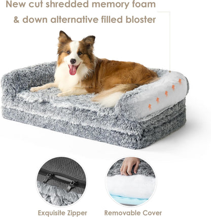 EHEYCIGA Foldable XXL Dog Bed for Large Sized Dog, 54"x38"x7.5" Faux Fur Fluffy Pet Couch Bed, Orthopedic Calming Memory Foam Big Pet Bed, Washable Pet Sofa Bed with Non-Slip Bottom, Dark Grey