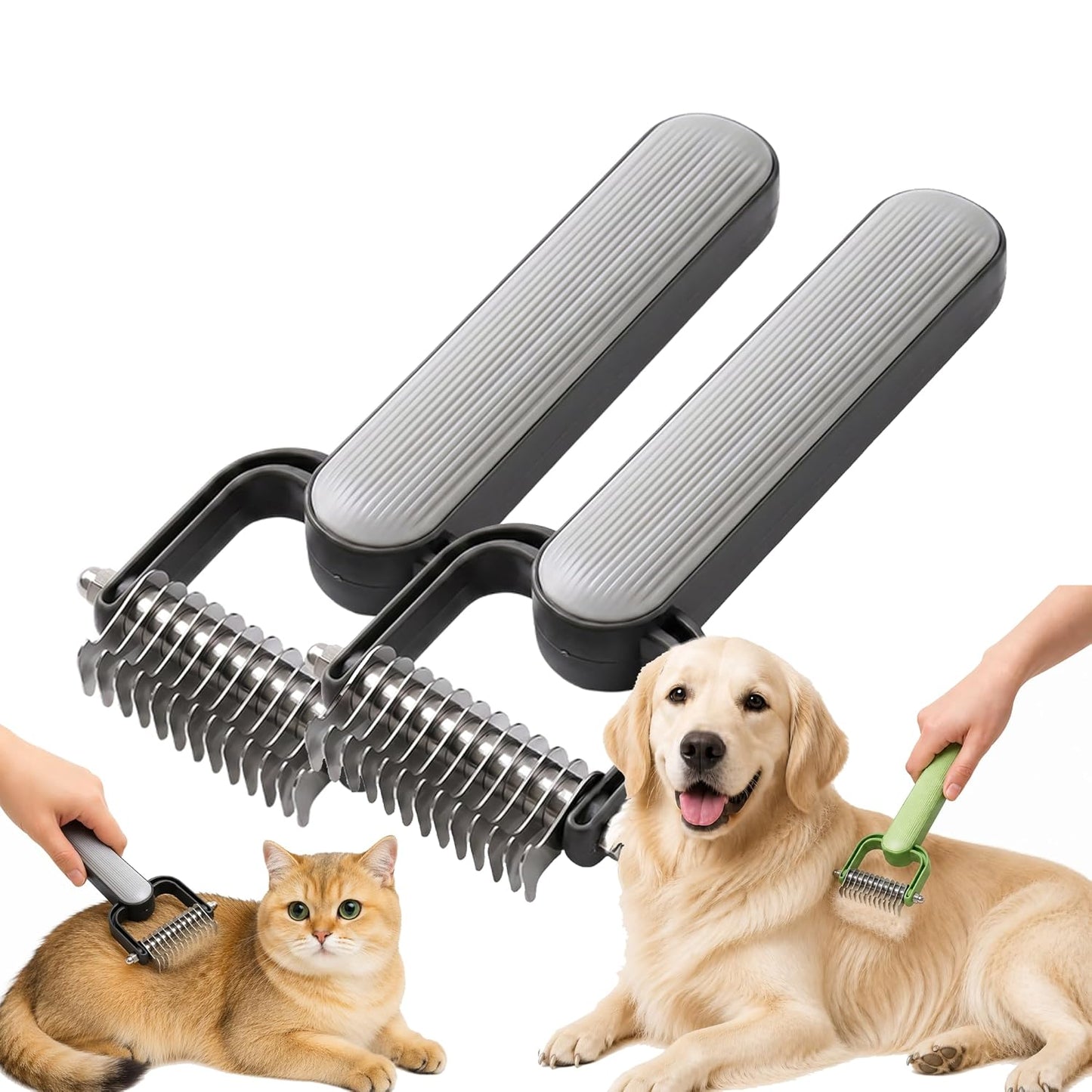 Double Sided Dematting Comb for Dogs and Cats – Undercoat Rake Pet Grooming Tool for Shedding, Tangles & Matted Fur, Stainless Steel Deshedding Brush for Long Haired & Thick Coat Pets (Green & Gray)