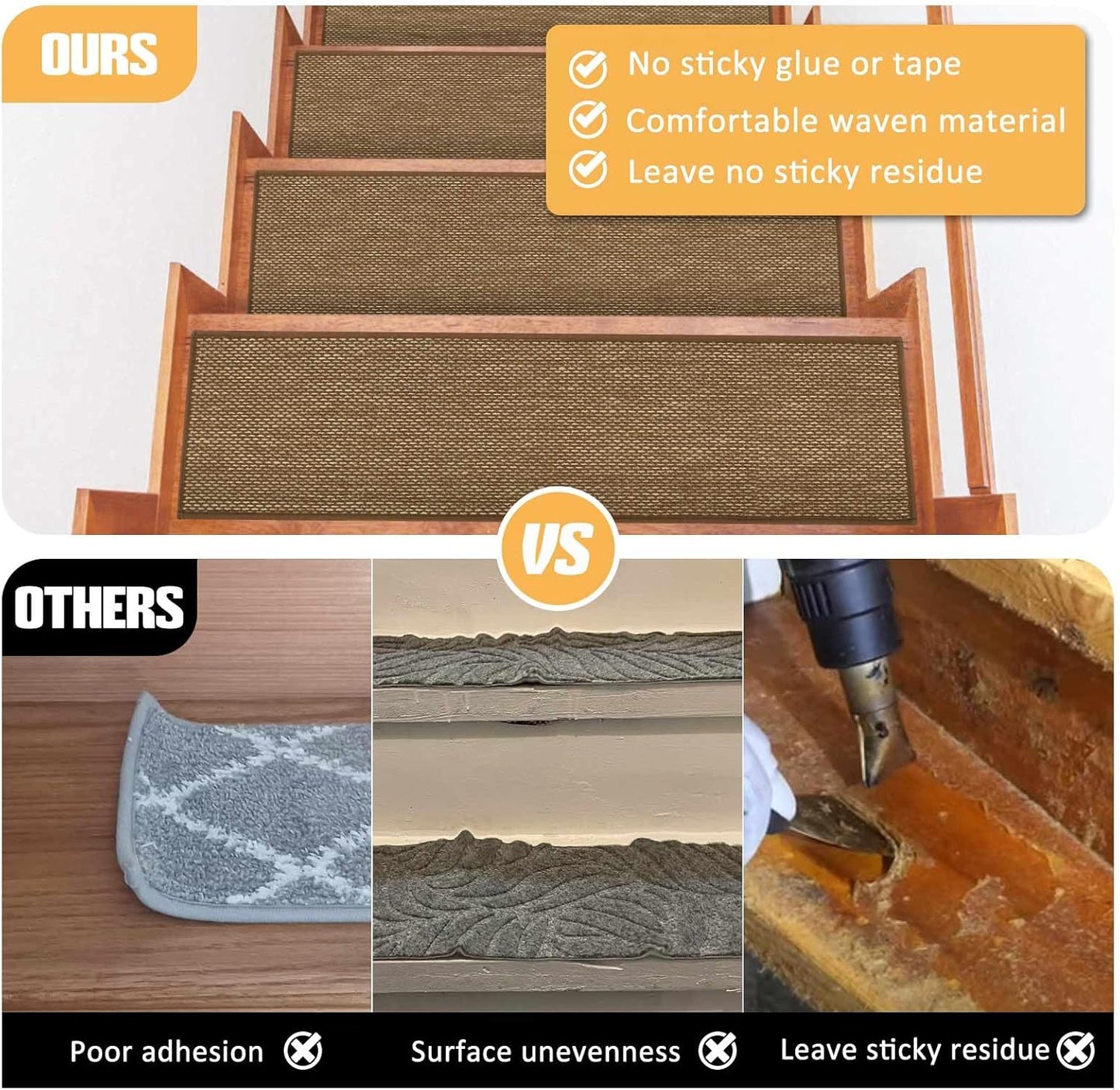 Stair Treads Non Slip for Wooden Steps Indoor 9" x 36" 15 Pack Extra Wide Stairs Tread Carpet Runner, Step Pads with Reusable Adhesive for Dogs Kids Elders, Machine Washable, Black