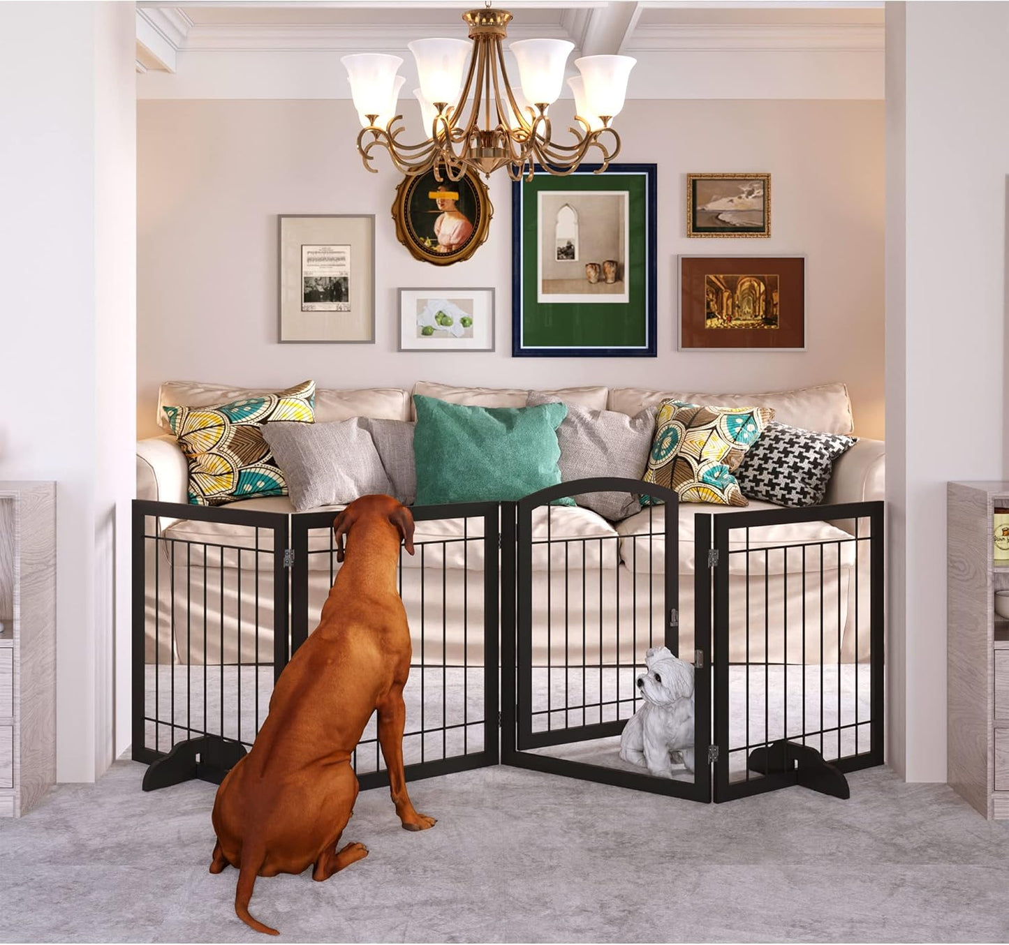 JSB 72-inch Extra Wide 28-inch Tall Dog gate, Freestanding Pet Gate for Halls, Stairs & Home, Pet Puppy Safety Dog Fence with 2PCS Support Feet (Black)