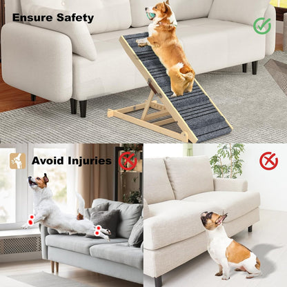 TIMHAKA Dog Ramp for Bed, 40 Inch Dog Ramp for Couch, Supports Up to 150lbs, with 10.2" to 26.8" 7 Height Setting, Non Slip Carpet Surface and Foot Pads, Wooden Folding Pet Ramps for High Bed, Sofa