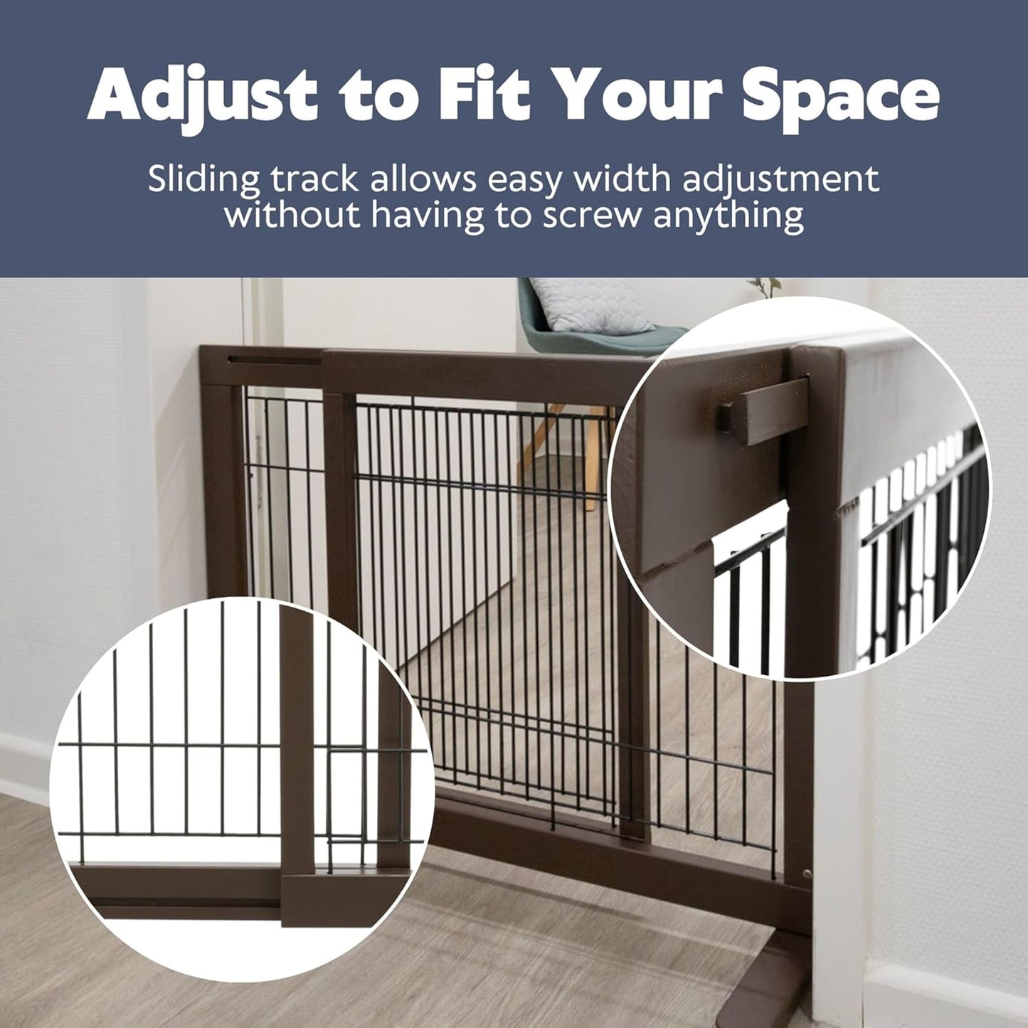 Trixie Expandable Wooden Freestanding Pet Gate, 24-in Tall Easily Step Over Barrier, Fence Expands to Fit Door Openings 25.5 to 42.5-in, Brown