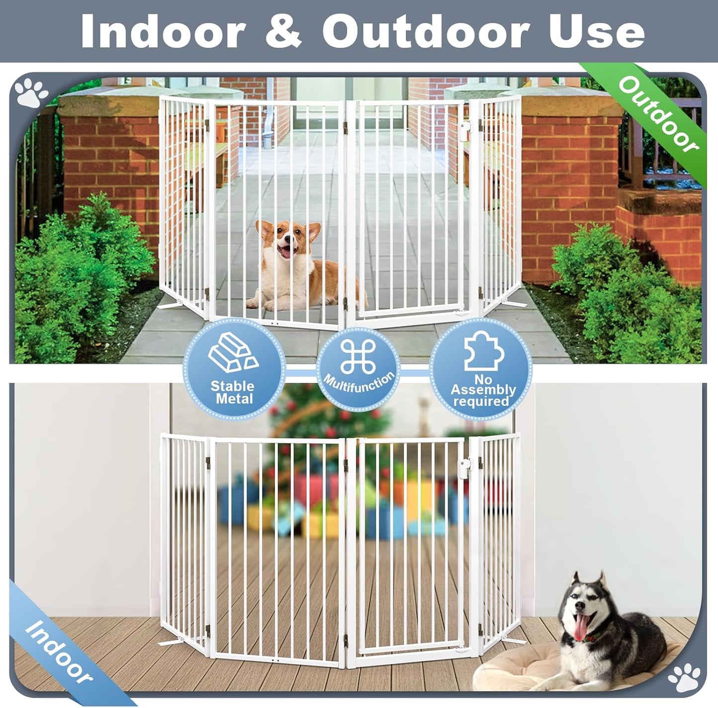 Metal Freestanding Dog Gates with Door for Outdoor Indoor,80'' Extra Wide 32'' Tall Free Standing Dog Gate for Doorways,Large Openings,Deck,Yard,Foldable Safety Pet Fence(Black,4 Panels)
