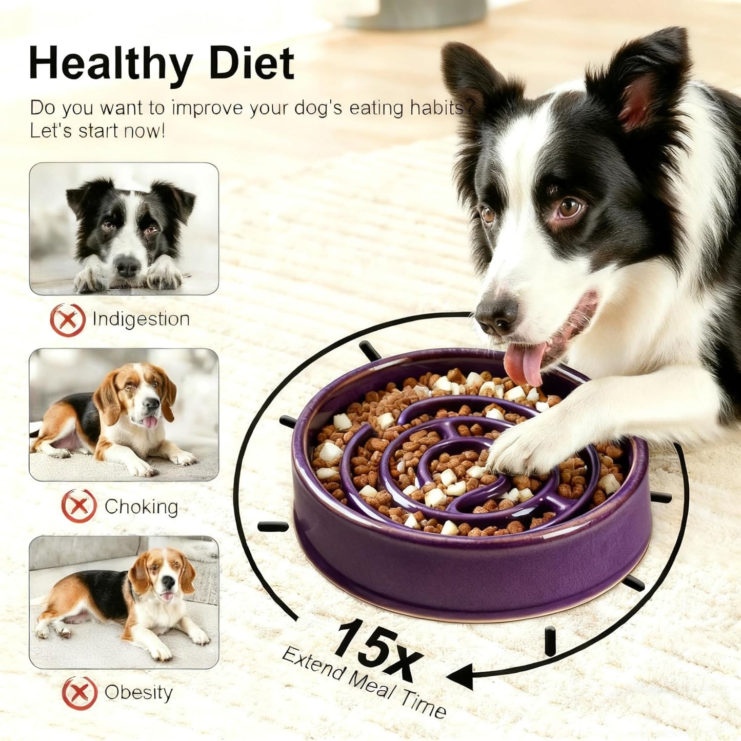 Ceramic Slow Feeder Dog Bowls with Anti-Slip, Slow Feeder & Non-Slip Design, Boredom and Anxiety Reducer, Suitable for All Breed Dogs and Cat (Ceramic-White)