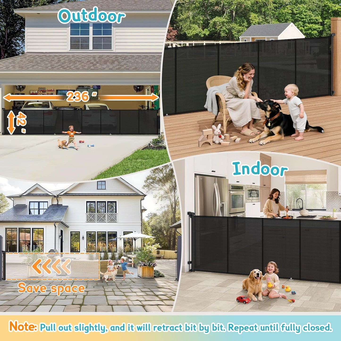 160 Inch Retractable Baby Gates Extra Wide, 42 Inch Extra Tall Retractable Gate, 13 FT Reinforced Retractable Dog Gate with Reinforcement Rod to Prevent Crawling Through, for Doorways, Stairs, Hallway