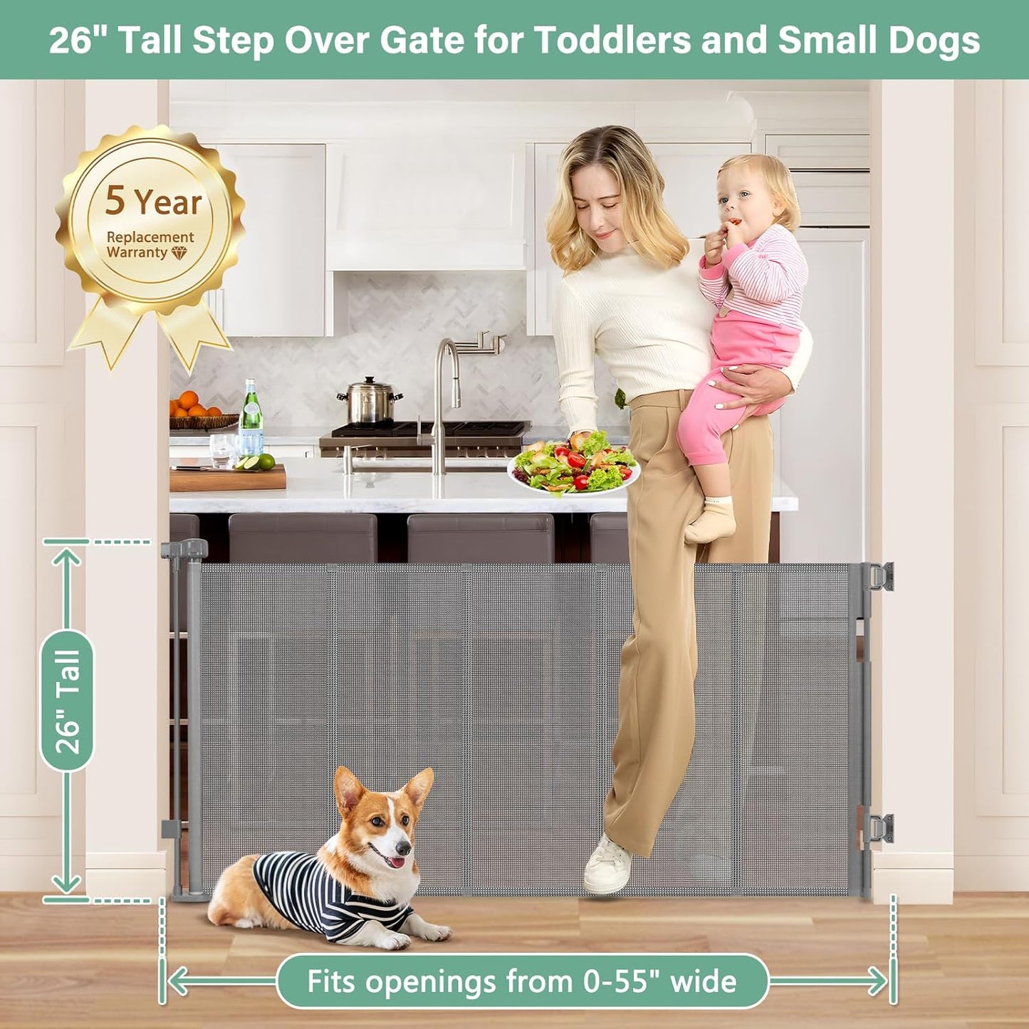 Reinforced 26 Inch Tall Retractable Child Gate to Step Over 55" Wide Small Retractable Baby Gates for Stair Retractable Dog Gate Short Mesh Dog Gate Retractable Toddler Gates for Doorways Doggy Gate