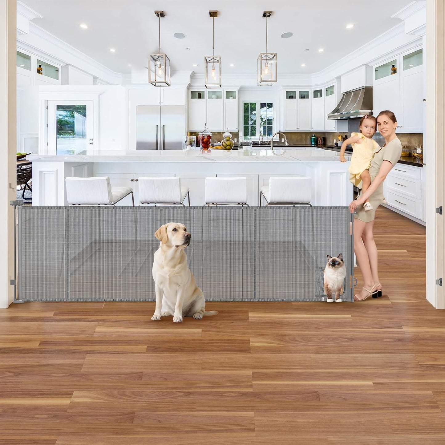 Reinforced 120 Inch Wide Retractable Baby Gates Extra Wide Pet Gate with Cat Door 10ft Extra Long Baby Gates for Large Openings 33 Inch Tall Reinforced Strips Retractable Dog Gate with Cat Door, Black