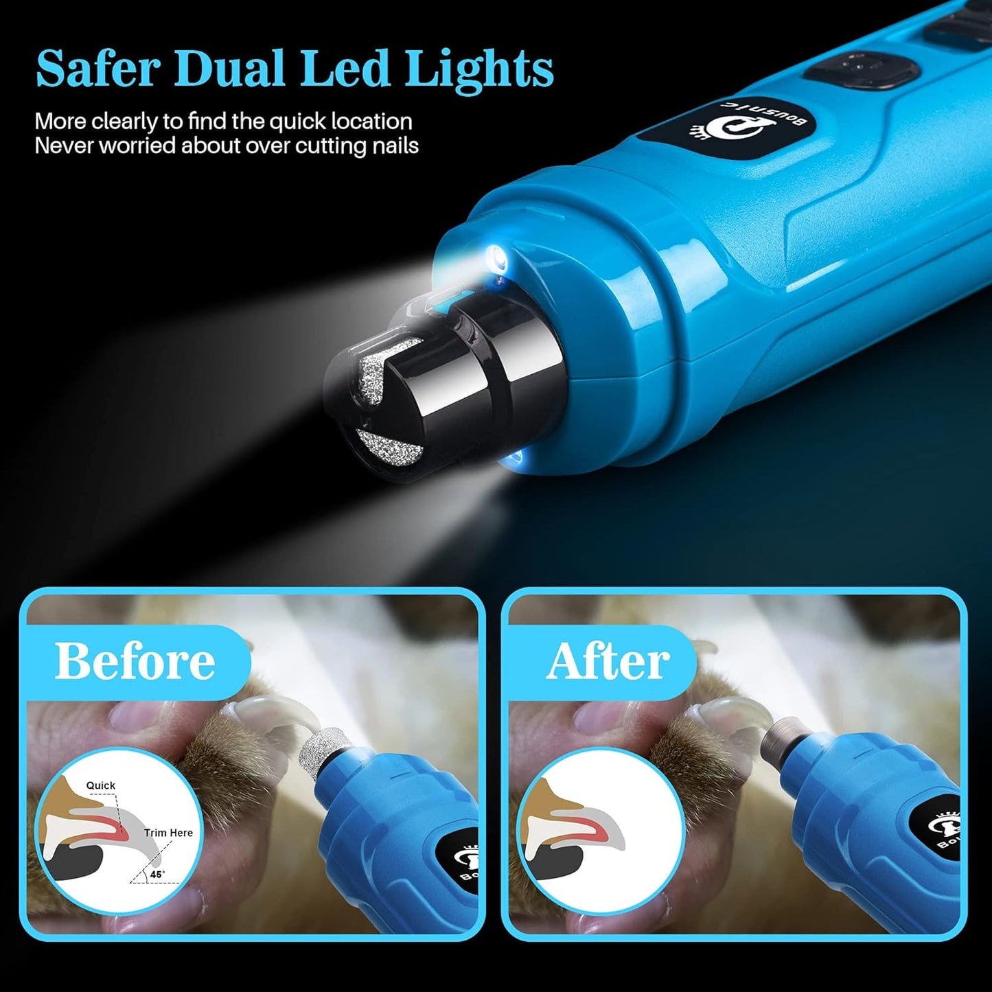 BOUSNIC Dog Nail Grinder with 2 LED Light - Super Quiet Pet Nail Grinder Powerful 2-Speed Electric Dog Nail Trimmer File Toenail Grinder for Puppy Small Medium Large Breed Dogs & Cats (Purple)