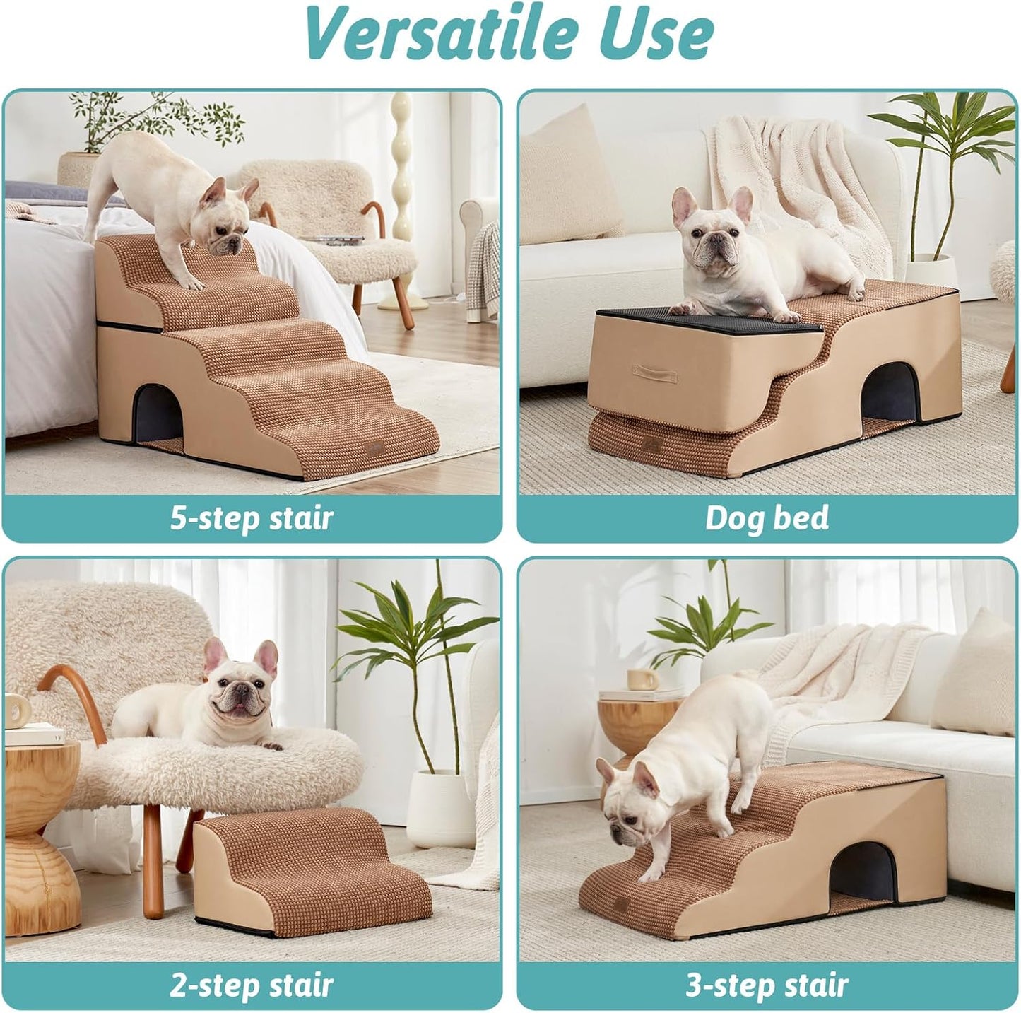 COZY KISS Extra Wide Dog Stairs with Tunnel, Foam Detachable Large Dog Step for Small Pet, Puppy or Cats, Medium Pet Ramp for High Bed, Couch, Sofa or Car, 19.7x33x22.4 inch, 5 Step, Beige