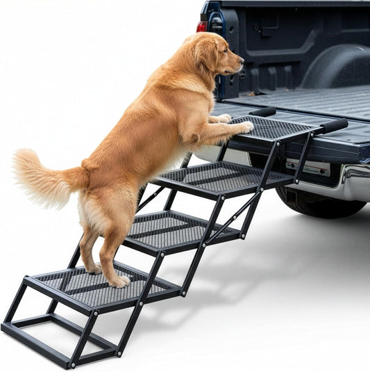 Foldable Dog Stairs for Cars Trucks & SUVs - Heavy-Duty Carbon Steel Pet Ladder Supports 230LB - Non-Slip Metal Mesh Joint-Friendly Portable Ramp for Large Dogs - 5 Step Pet Stairs w/Mat