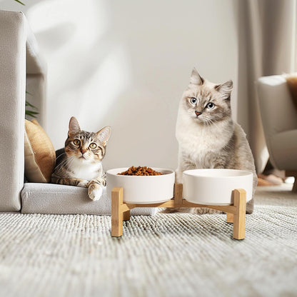 Elevated Ceramic Dog Bowl Set - Raised Dog Bowls with Non-Slip Bamboo Stand - Dog Food and Water Bowl Set - Double Dog Feeding Bowls - Suitable for Small and Medium Dogs - 28.74 OZ - 3.6 CUPS - 850 ML