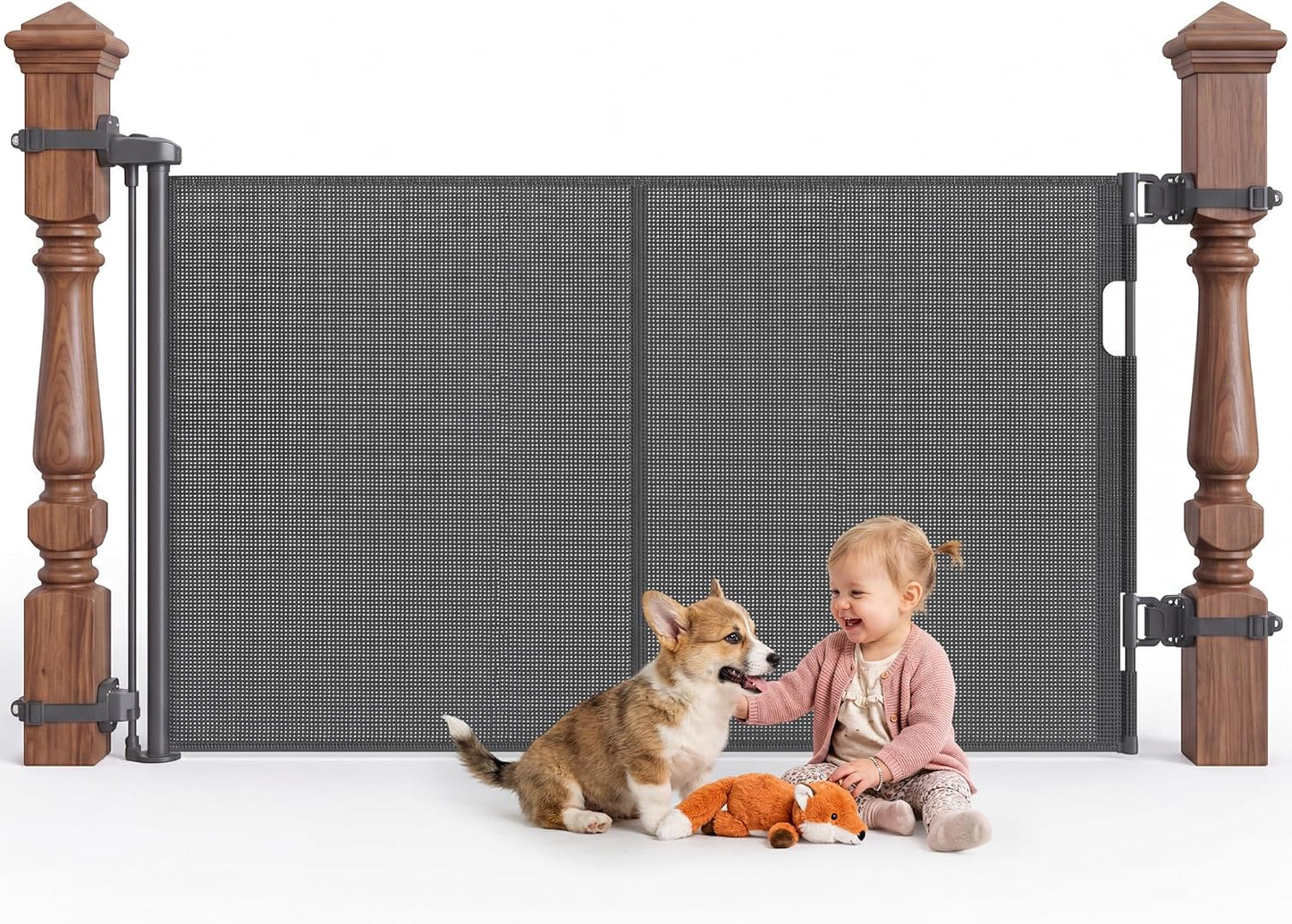 Reinforced Retractable Baby Gate for Stairs & Banister, 55" Wide Mesh Dog Gate, One-Handed Dual Lock Safety Gate for Kids & Pets, Fits Round & Square Posts (Black)
