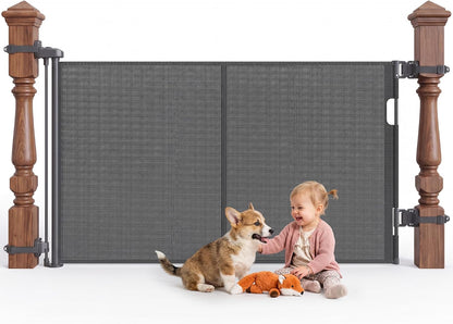 Reinforced Retractable Baby Gate for Stairs & Banister, 55" Wide Mesh Dog Gate, One-Handed Dual Lock Safety Gate for Kids & Pets, Fits Round & Square Posts (Black)