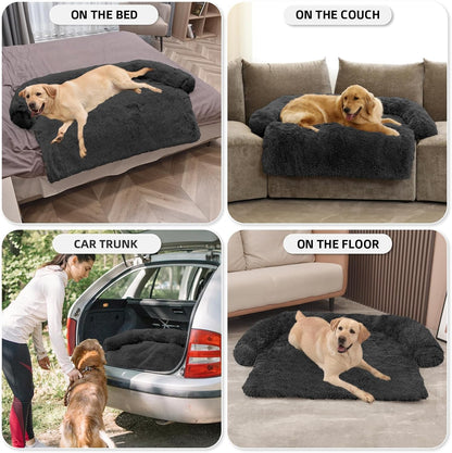 Calming Dog Bed Fluffy Plush Dog Mat for Furniture Protector with Removable Washable Cover for Large Medium Small Dogs and Cats (Large, Light Grey)