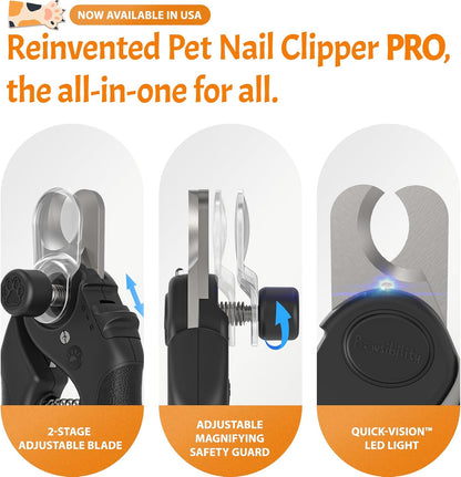 Pawsibility Pet Nail Clipper PRO 2026 - Quick-Vision LED Light | 2-Stage Adjustable Professional-Grade Blade | Adjustable Magnifier Safety Guard - for Cats, Small, Medium and Large Dogs - Black