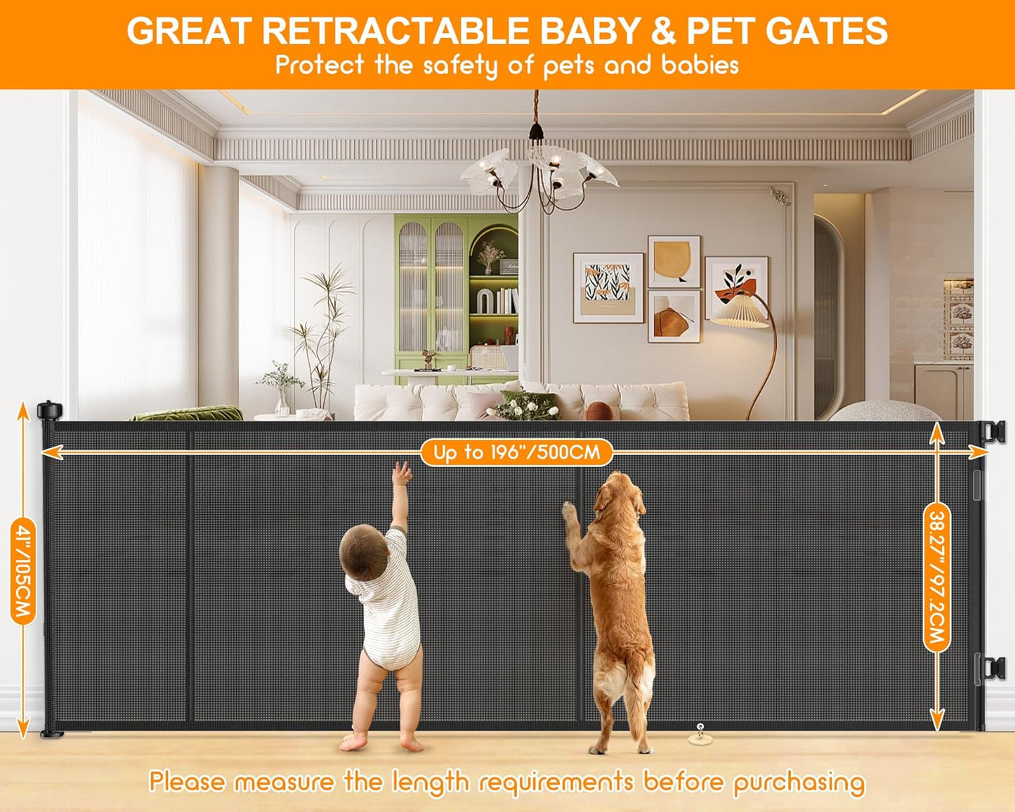 Upgrade 120 inch Retractable Baby Gates, EZIGO Extra Wide Baby Gate for Large Opening Extra Long Mesh Gate for Kids or Pet Dog Gate Child Safety Gate for Stairs Hallways Doorway Indoor Outdoor, Gray