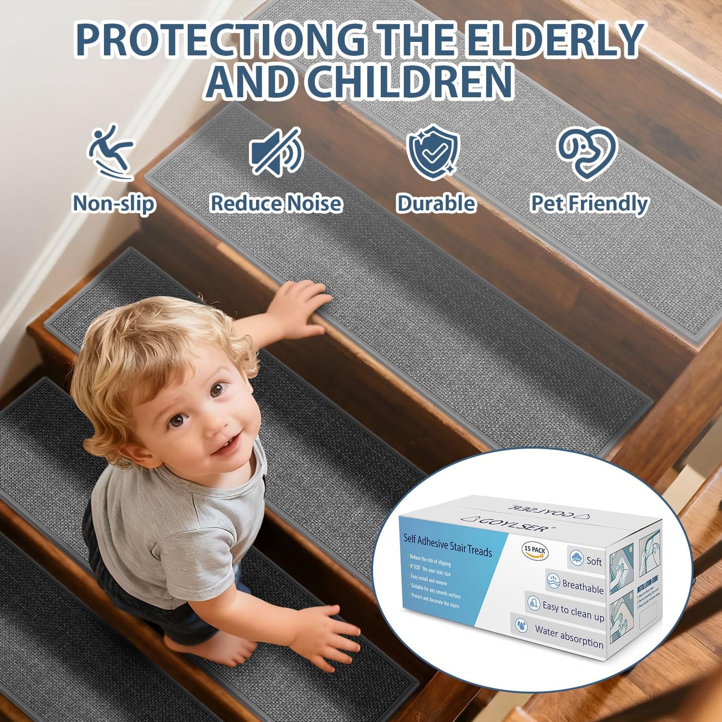 Peel and Stick Adhesive Stair Treads for Wooden Steps Indoor Set of 15 Pack, Rubber Backed Non Slip Jute Stair Rug Step Pads for Pet Dog, Elders and Kids, Beige