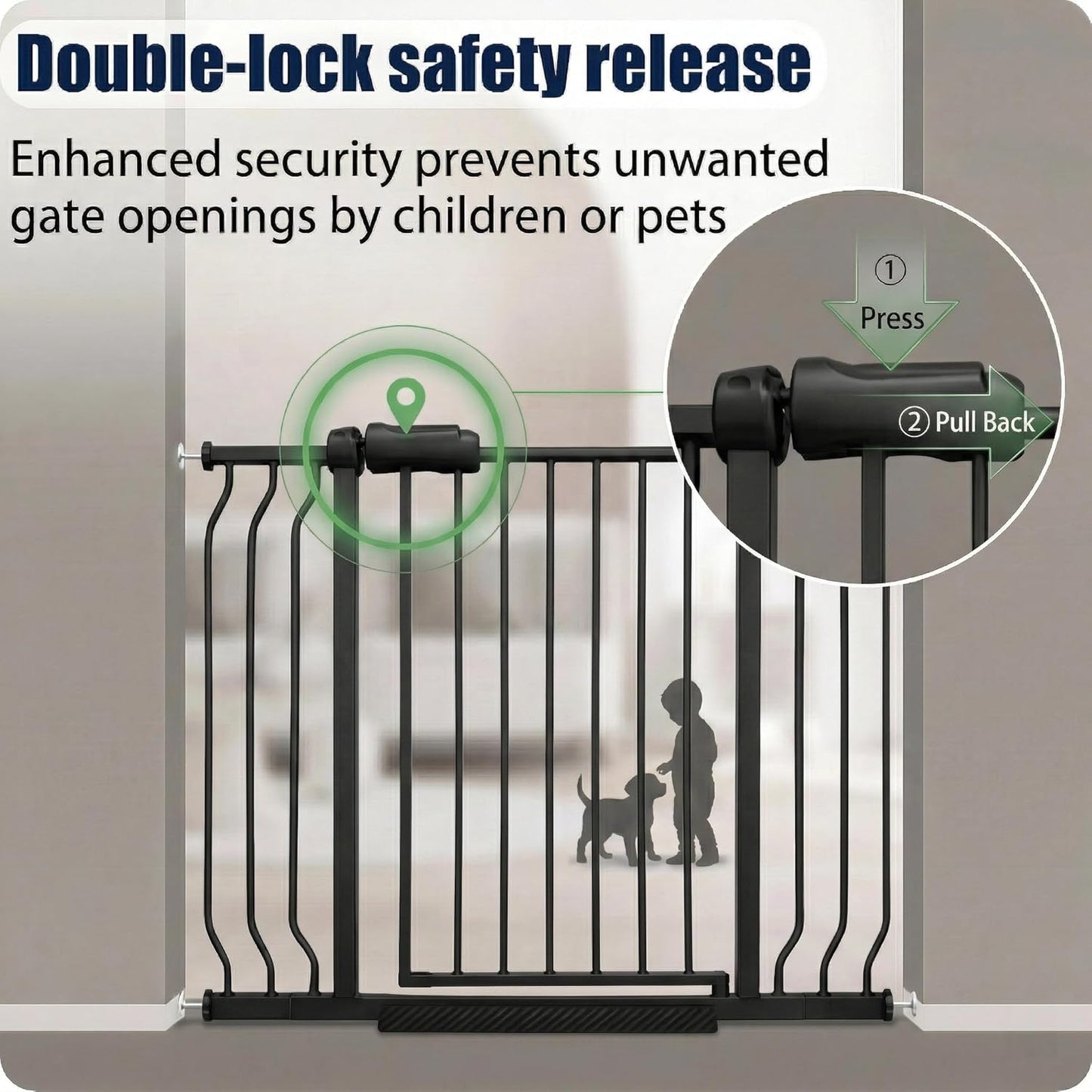 Extra Wide Baby Gate 85.8-90.5" Dog Gate Indoor Pressure Mounted No Drill Safety Gate for Large Entries, Kitchen,Stairs & Doorways, Black Metal Indoor Pet Gate for Kids & Dogs