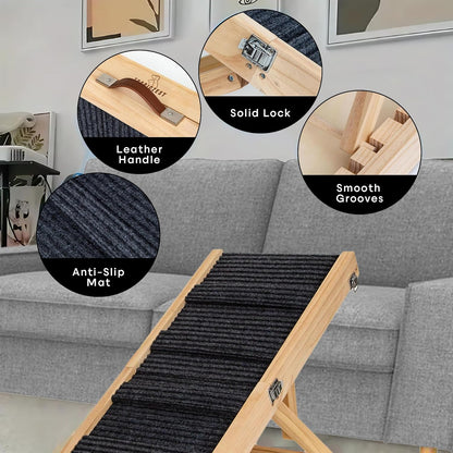 Small Dog Ramp for Bed and Couch Wooden Adjustable Pet Stairs for Dogs and Cats 31.6" Non Slip Foldable Ramp with 4 Height Settings 10"-17" for Puppies,Car, SUV Indoor Outdoor Use