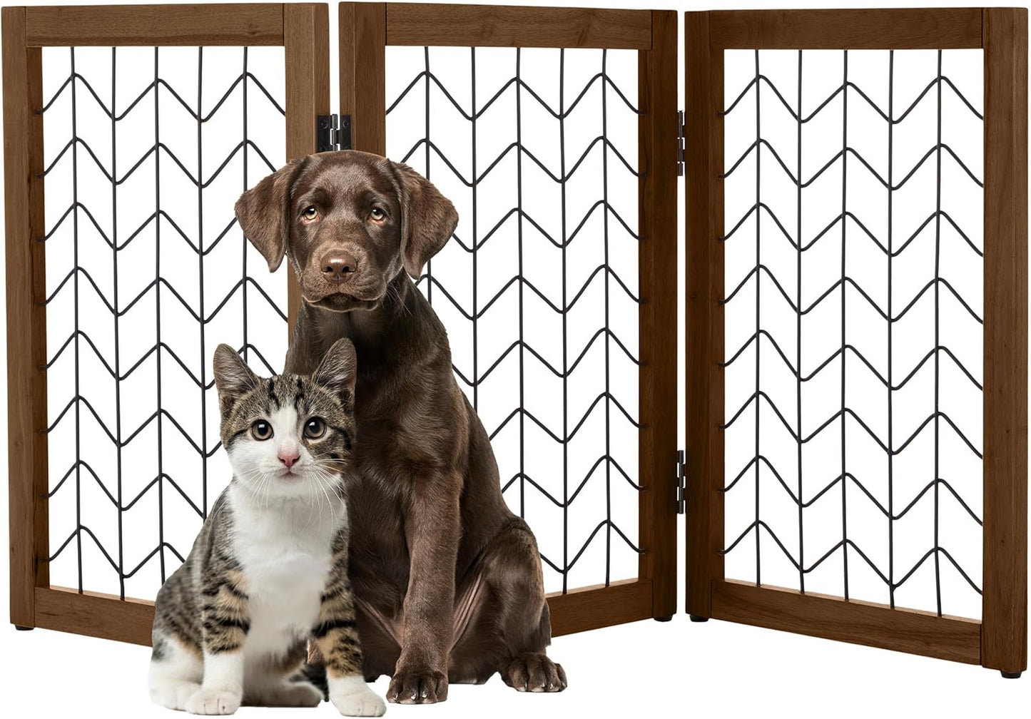 Freestanding Dog Gate - 3-Panel Foldable Indoor Pet Fence - 55x24-Inch Sturdy Metal and Wood Dog Gate - Pet Barrier for Stairs, Hallways, Doorways, or Small Openings by PETMAKER (White)