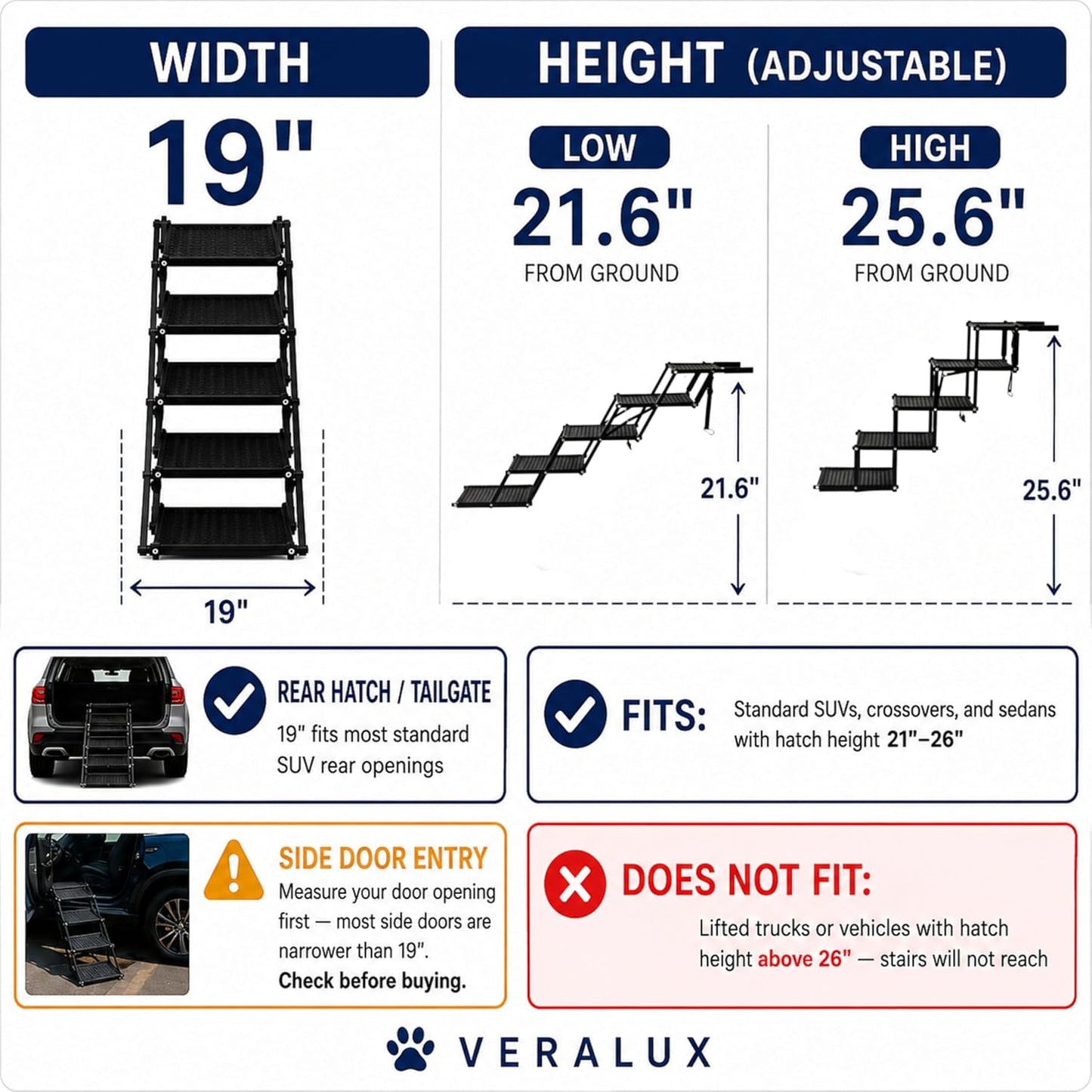 VERALUX Dog Stairs for Large Dogs for Car | 5 Step Foldable Dog Stairs | 200lb Capacity | Non-Slip Rug Steps | XL Lift Assist Harness System | Pet Stairs for Large Dogs | Dog Steps for Truck & SUV