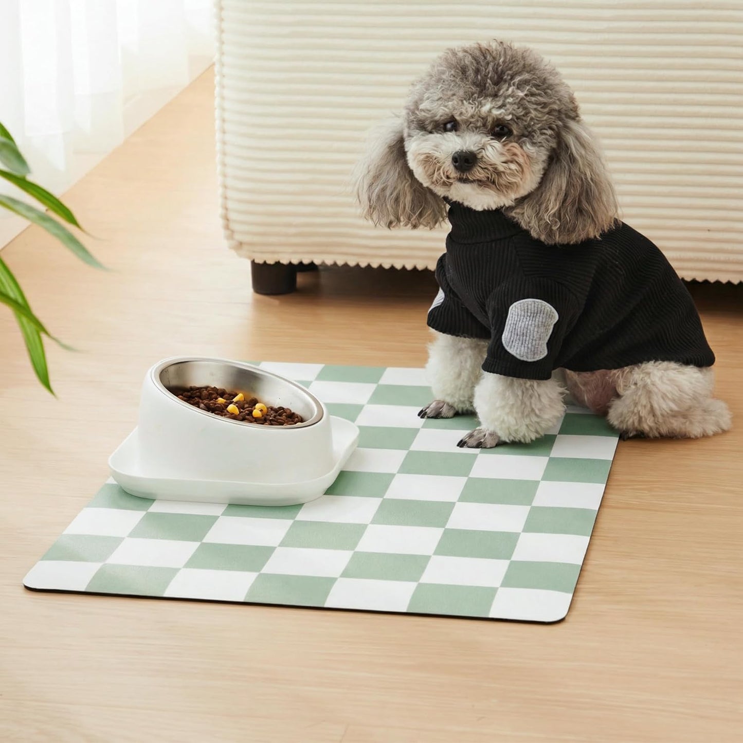 Checkered Dog Feeding Mat, Absorbent Mats for Dog Food and Water Bowl, Dispenser, Retro Aesthetic Khaki Beige Checkerboard Pet Placemat for Dogs, Cats, Puppy Accessories, 12" X 19”