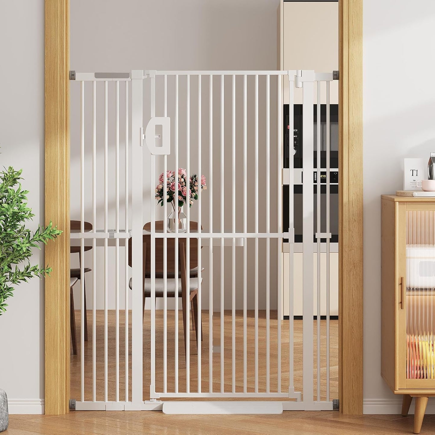 Jekriuet 57" Extra Tall Pet Gate, Auto Close Dog Door Pressure Mounted No Drilling for Doorways, Hallways, Stairs, Expandable 27.5"-38.5" Wide, Narrow 1.18" Spacing for Small Dogs & Puppies, Black