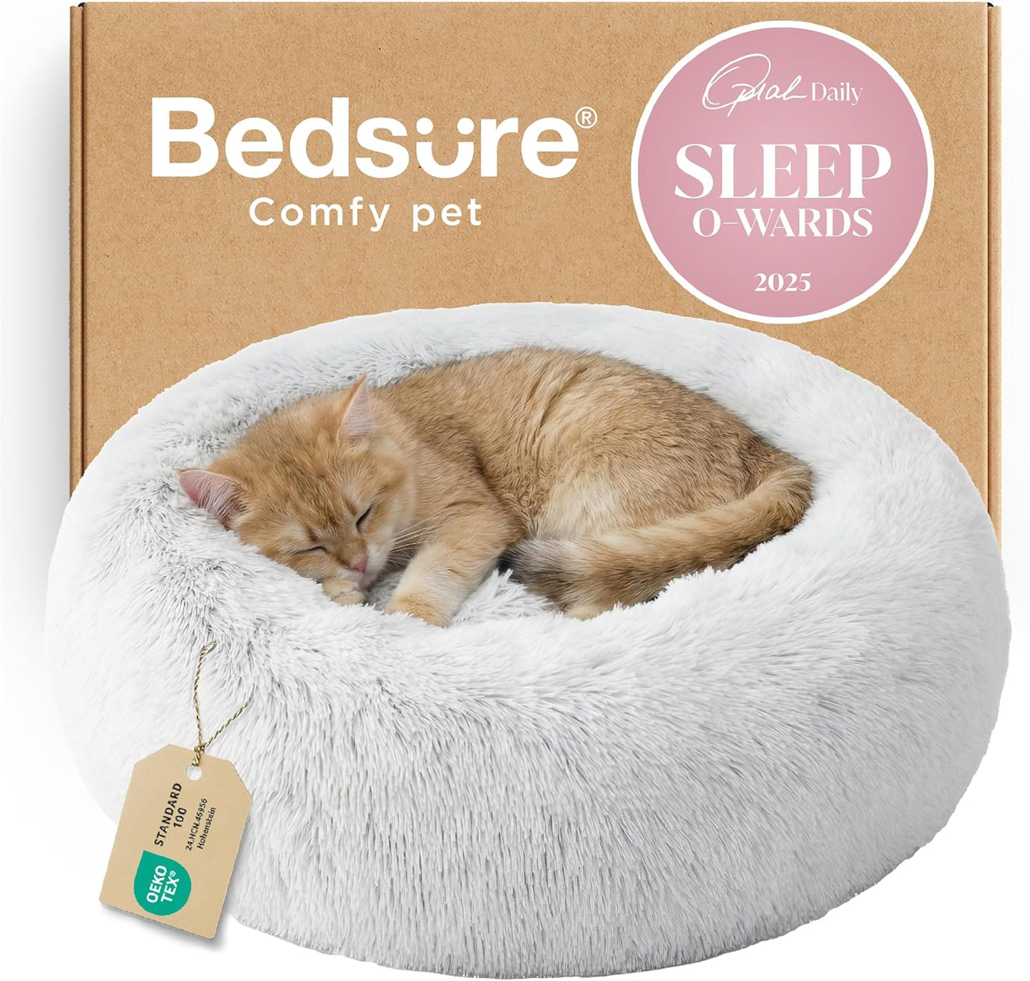 Bedsure Calming Dog Bed Medium Size Dog - Donut Washable Medium Pet Bed, 30 inches Anti-Slip Round Fluffy Plush Faux Fur Cat Bed, Fits up to 45 lbs Pets, Camel