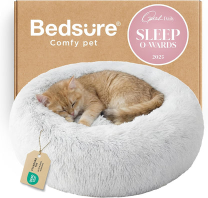 Bedsure Calming Dog Bed Medium Size Dog - Donut Washable Medium Pet Bed, 30 inches Anti-Slip Round Fluffy Plush Faux Fur Cat Bed, Fits up to 45 lbs Pets, Camel
