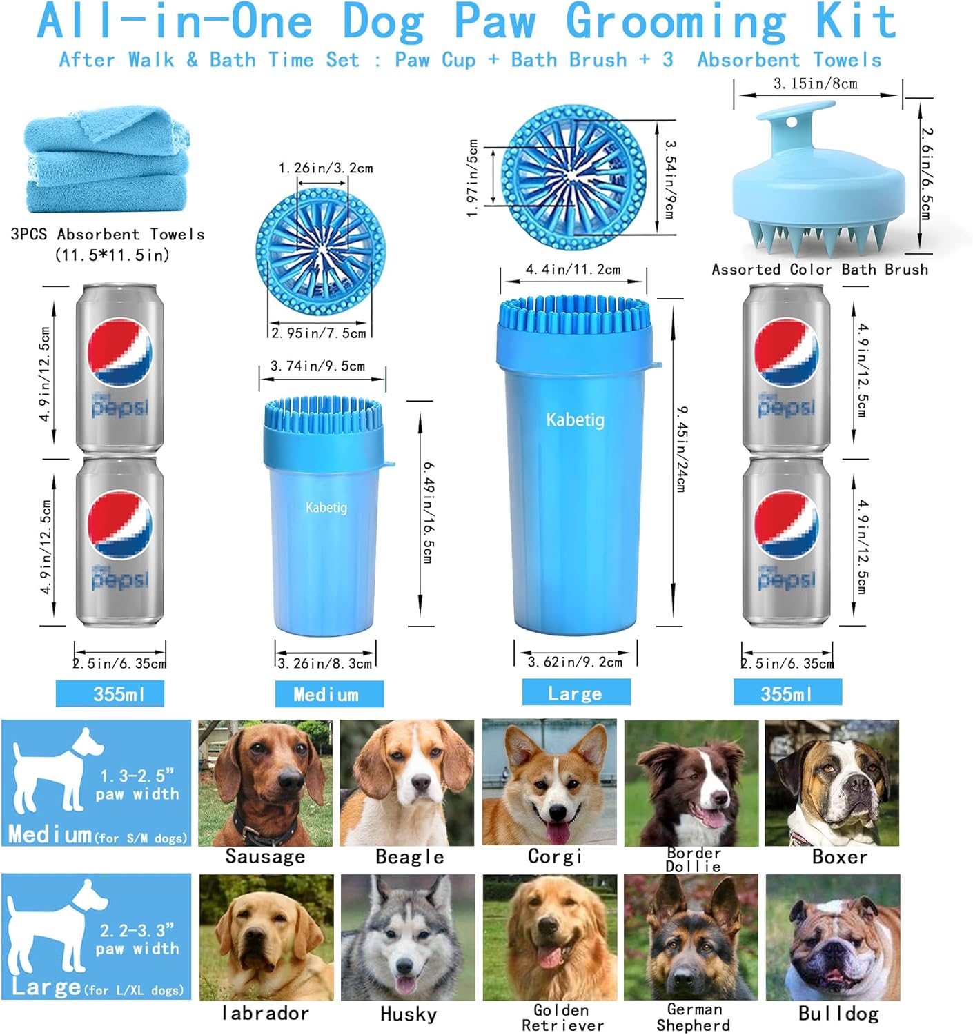 Dog Paw Cleaner Kit for L/XL Dogs - Quick Clean No Full Bath, 2-in-1 Paw Wash Cup with Detachable Silicone Brush Head, Includes Bath Brush & 3 Absorbent Towels, Blue