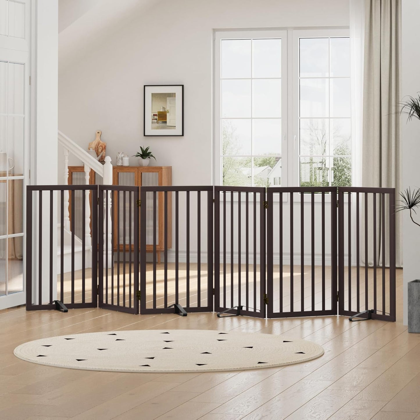 Freestanding Foldable Dog Gate - 4 Panel Room Divider with Metal Support Feet (Black)