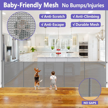 Reinforced 42" Tall Retractable Dog Gate, 155" Extra Long Retractable Baby Gate with Support Rods - Prevent Crawling Under, Indoor/Outdoor Retractable Gate Extra Tall Baby Gate Retractable Fence/Black
