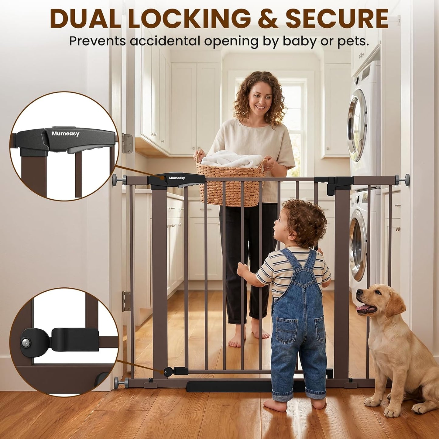 Baby Gate for Stairs, 29.7-40.6" Auto Close Dog Gate Indoor for Doorways, Dual-Lock Design, Adjustable Pet Gate No Drilling with Walk Thru Door for Hallways, Stroller Friendly, Black