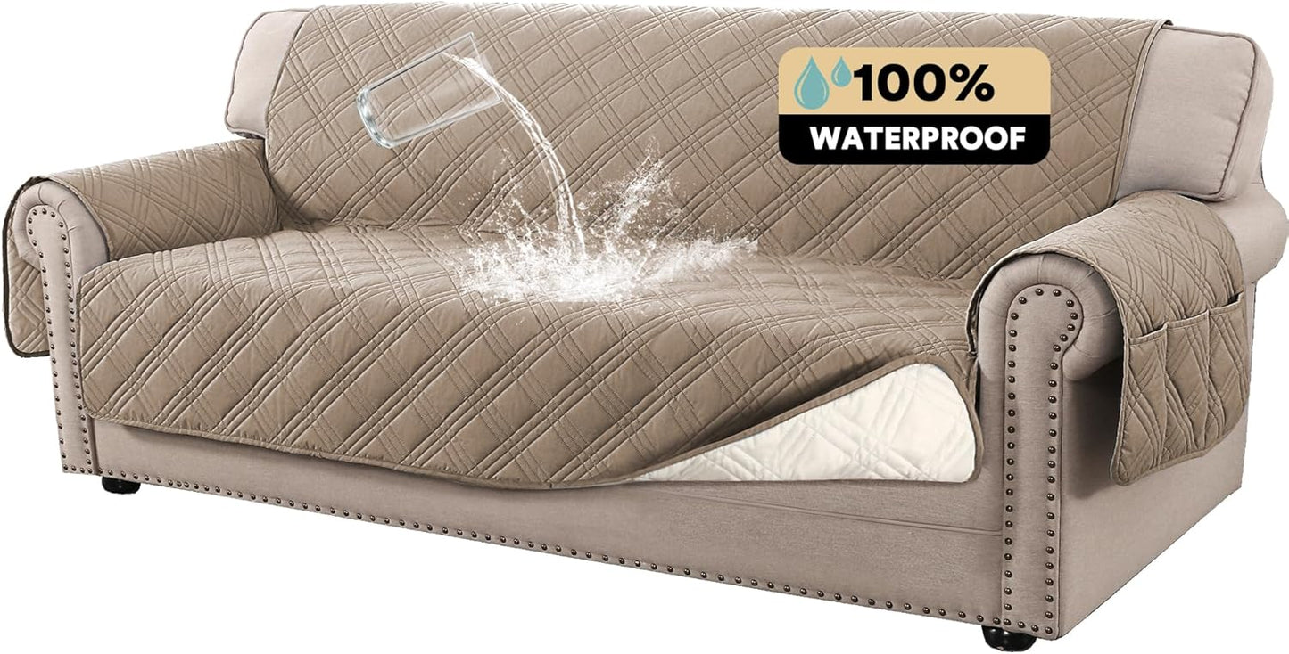 PrinceDeco 100% Waterproof Couch Cover for 3 Cushion Couch Sofa Pet Friendly Non-Slip Couch Cover for Dogs Washable Water Resistant Furniture Protector with Elastic Straps(Sofa 68", French Oak)