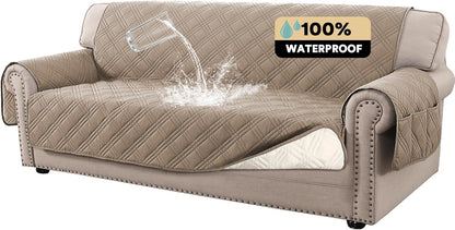 PrinceDeco 100% Waterproof Couch Cover for 3 Cushion Couch Sofa Pet Friendly Non-Slip Couch Cover for Dogs Washable Water Resistant Furniture Protector with Elastic Straps(Sofa 68", French Oak)