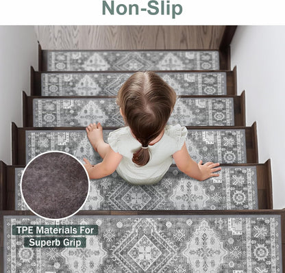 sarben Non Slip Stair Treads for Wooden Steps 15PCS - 8"x30" Indoor Safety Carpet, Edging Mats with TPE Adhesive Backing, Pet and Elderly Friendly Stair Rugs (Taupe) - Colors A