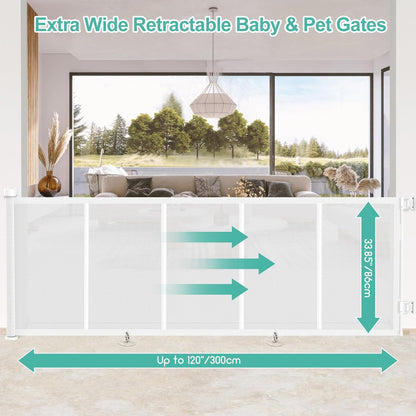 Upgrade 120 inch Retractable Baby Gates, EZIGO Extra Wide Baby Gate for Large Opening Extra Long Mesh Gate for Kids or Pet Dog Gate Child Safety Gate for Stairs Hallways Doorway Indoor Outdoor, Gray