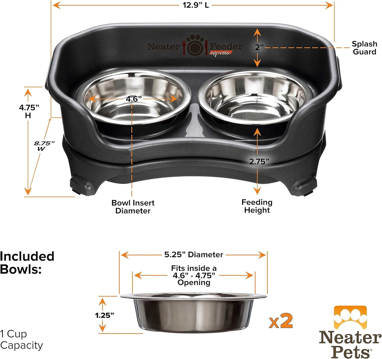 Neater Feeder Express Mess Proof Dog Bowls Elevated for Small Breeds under 15 Lb, Made in USA, No Spill Raised Dog Food Bowl Stand, Stainless Steel Food and Water Bowl Set, Feeding Station, Cappuccino