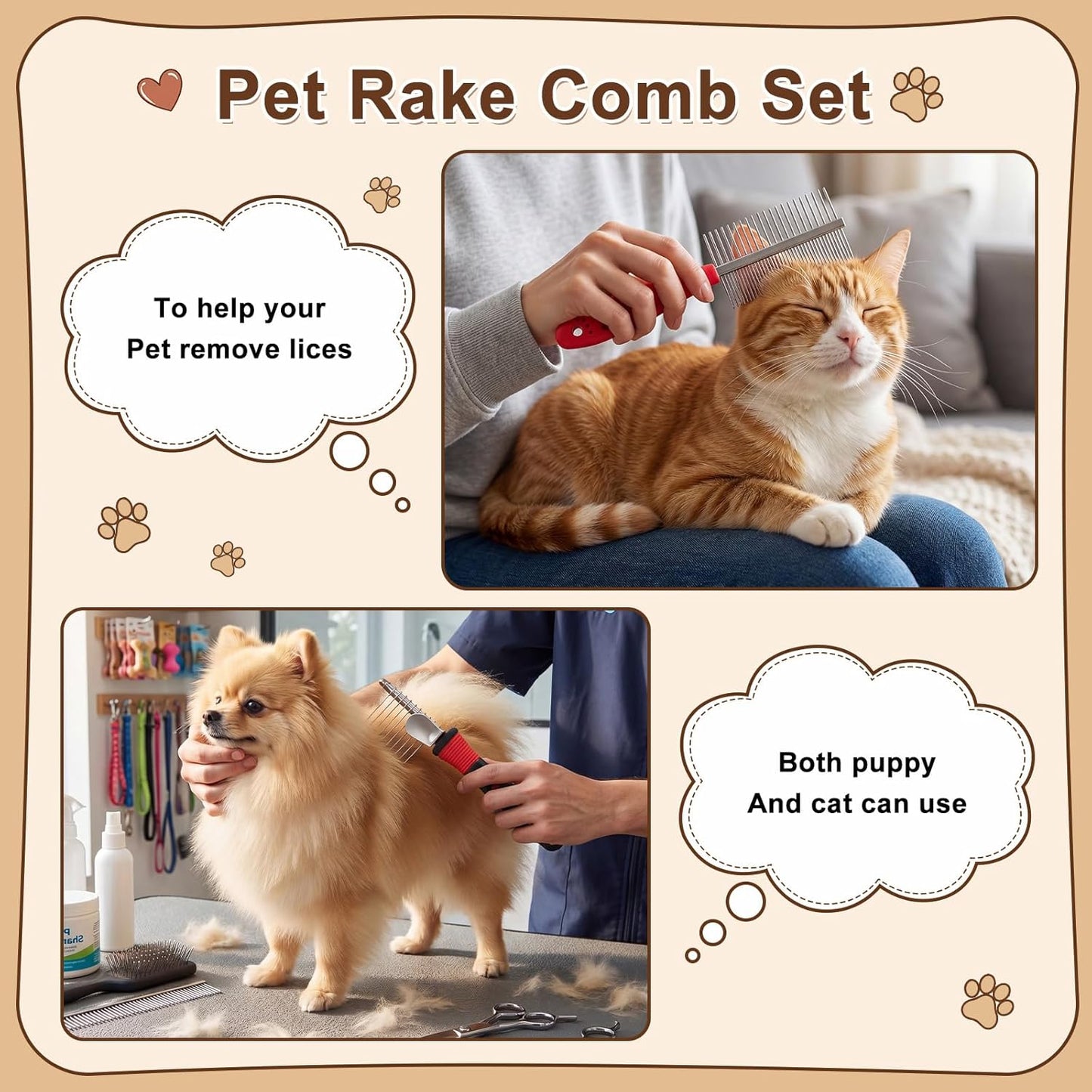 Zhehao 8 Pcs Pet Grooming Kit - Dematting Combs, Slicker Brush, Steel Comb Deshedding Brush, Flea Comb, Undercoat Rake for Detangling Long Matted Fur Hair from Dogs, Cats, Poodles, Anti-slip Handle